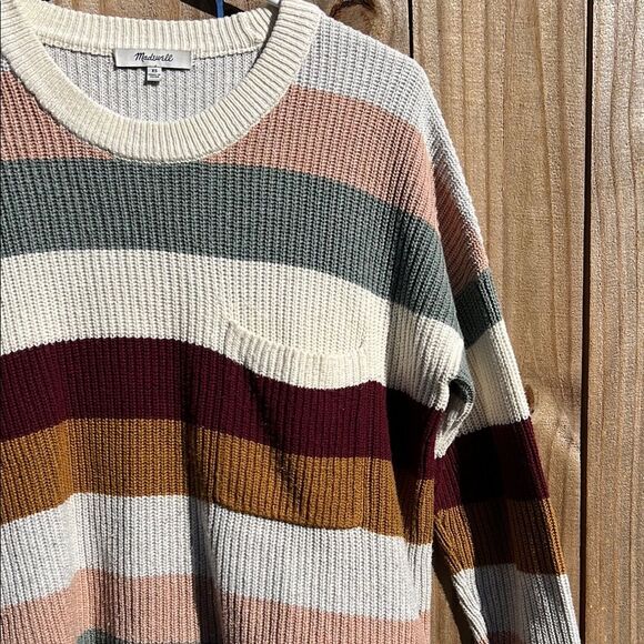 Madewell Women’s Long Sleeve Stripped Cream Grey Pink Sweater Pocket XS Fall - Picture 4 of 13